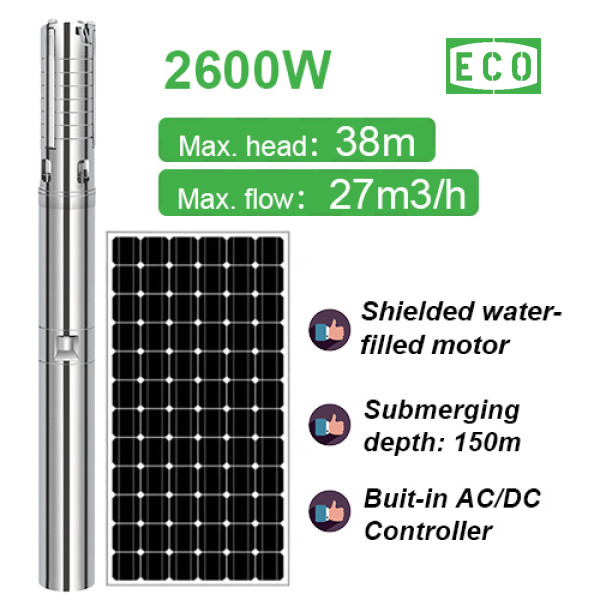 AC/DC 2600W ECOCORE SOLAR PUMP solar water pump supplier shielded motor solar pump with water filled for irrigation